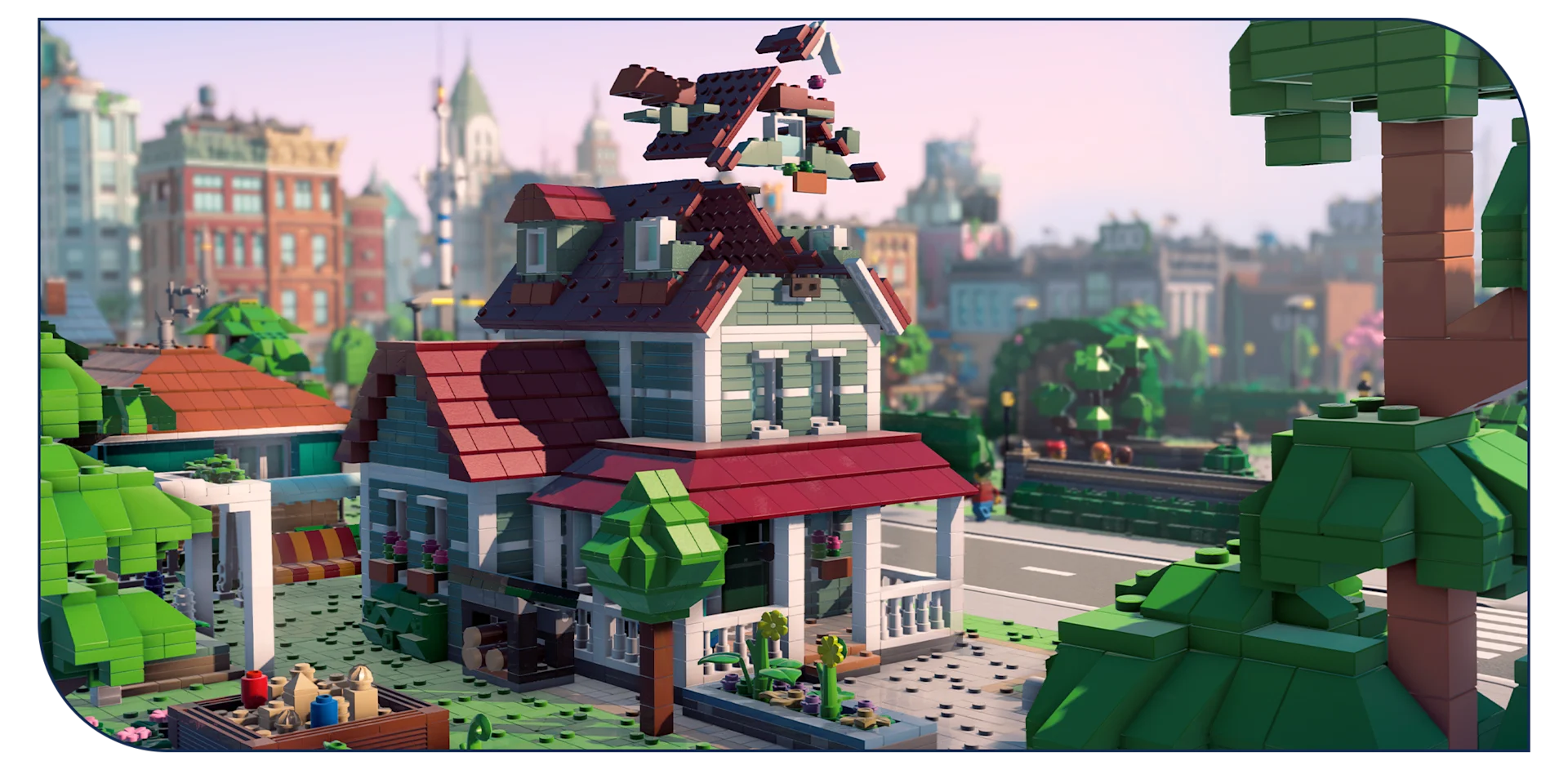 Official LEGO Skylines screenshot of a house being customized with LEGO bricks