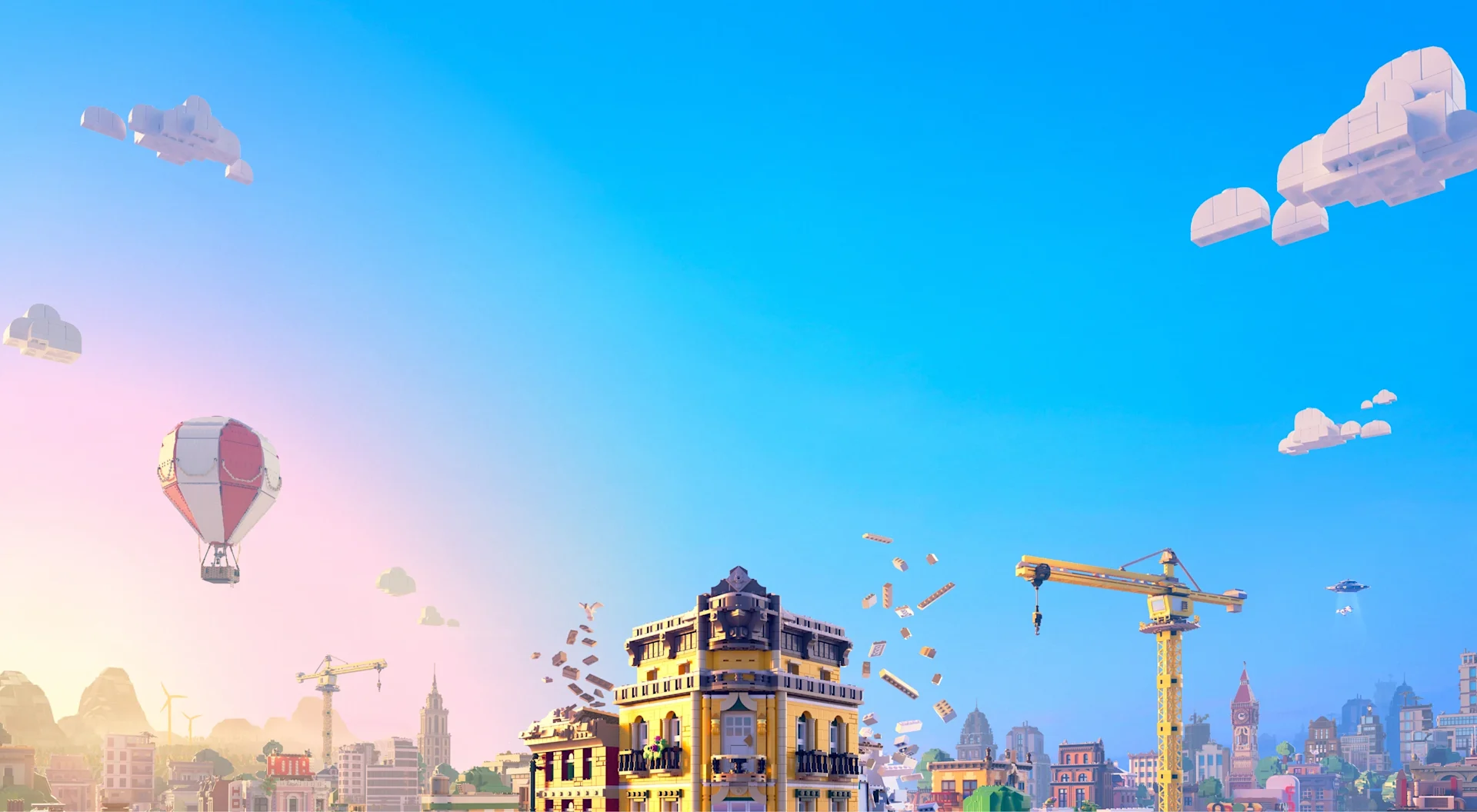 LEGO Skylines city skyline with colorful buildings and construction cranes