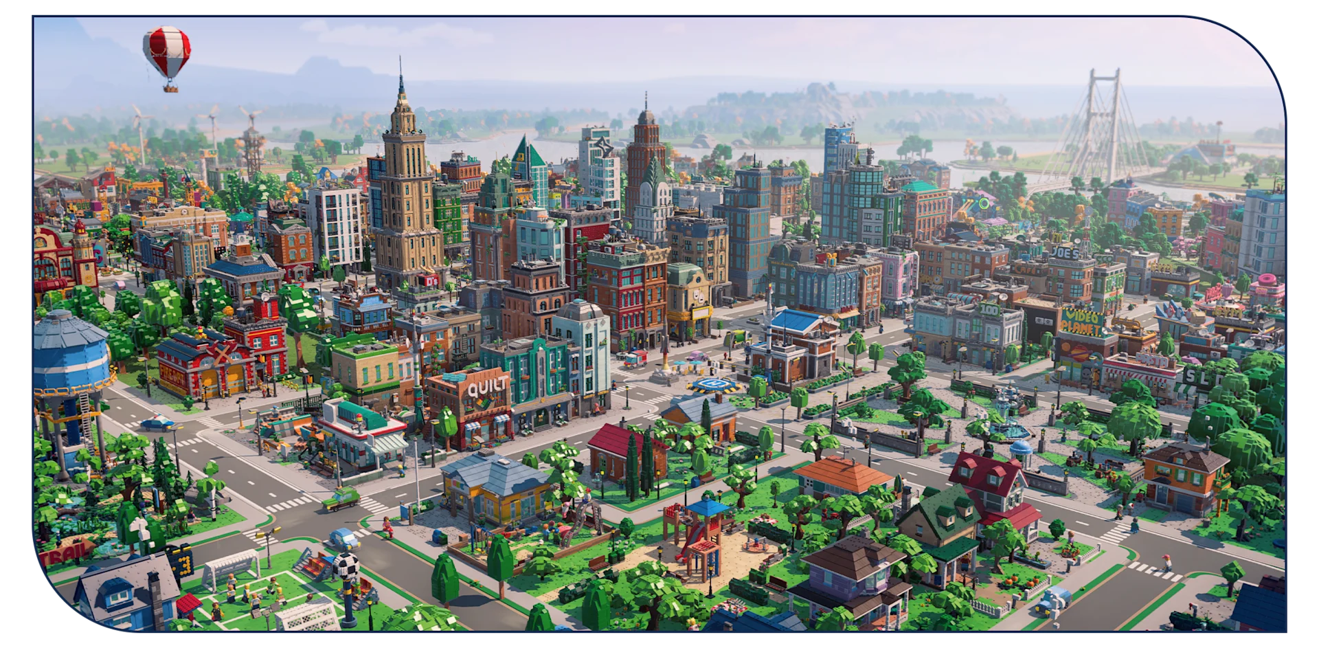Wide official view of a LEGO Skylines city with roads, parks, and high-rise buildings